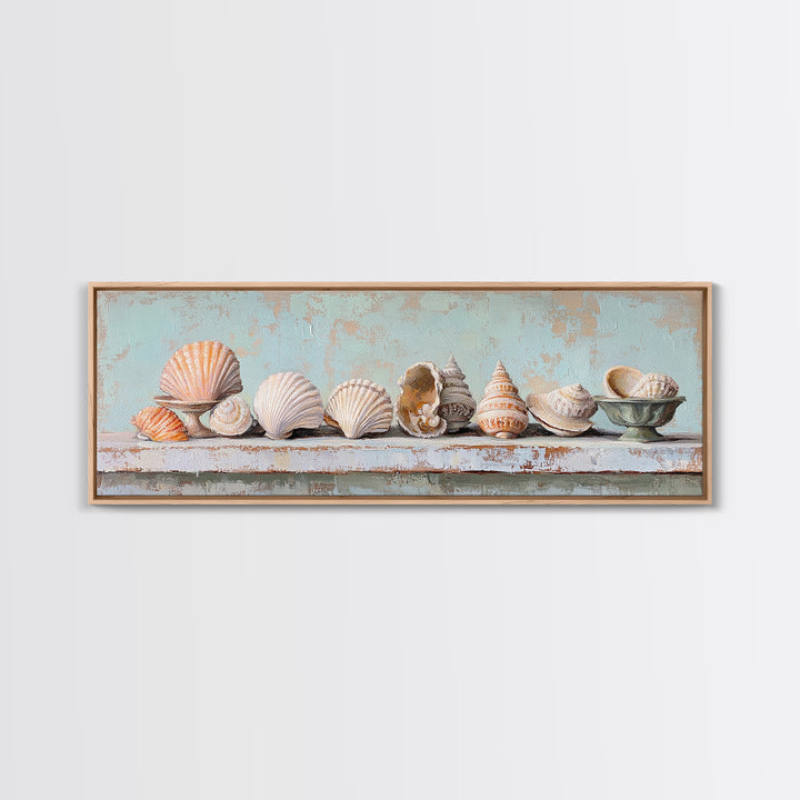 Pastel Seashell Shelf Still Life Framed Canvas Print, Coastal Wall Art, Beach House Decor, Nautical Bathroom Wall Decor, Ocean Print
