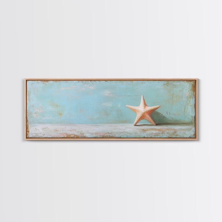 Single Starfish On Weathered Blue Shelf Wall Art, Minimalist Coastal Decor, Beach House Bathroom Canvas Print, Ocean Wall Decor
