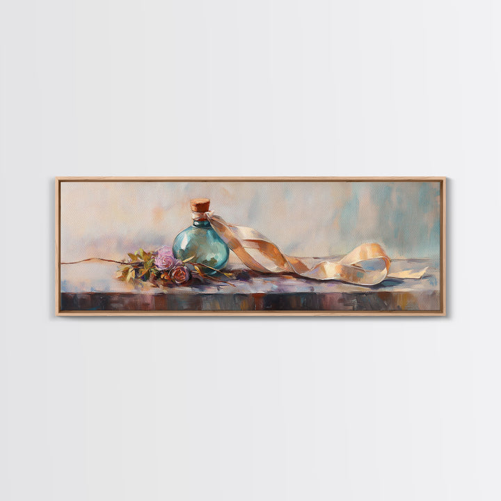 Coastal Bottle Ribbon And Shell Still Life Framed Canvas Print, Beach House Wall Art, Nautical Decor, Soft Pastel Art, Home Decor