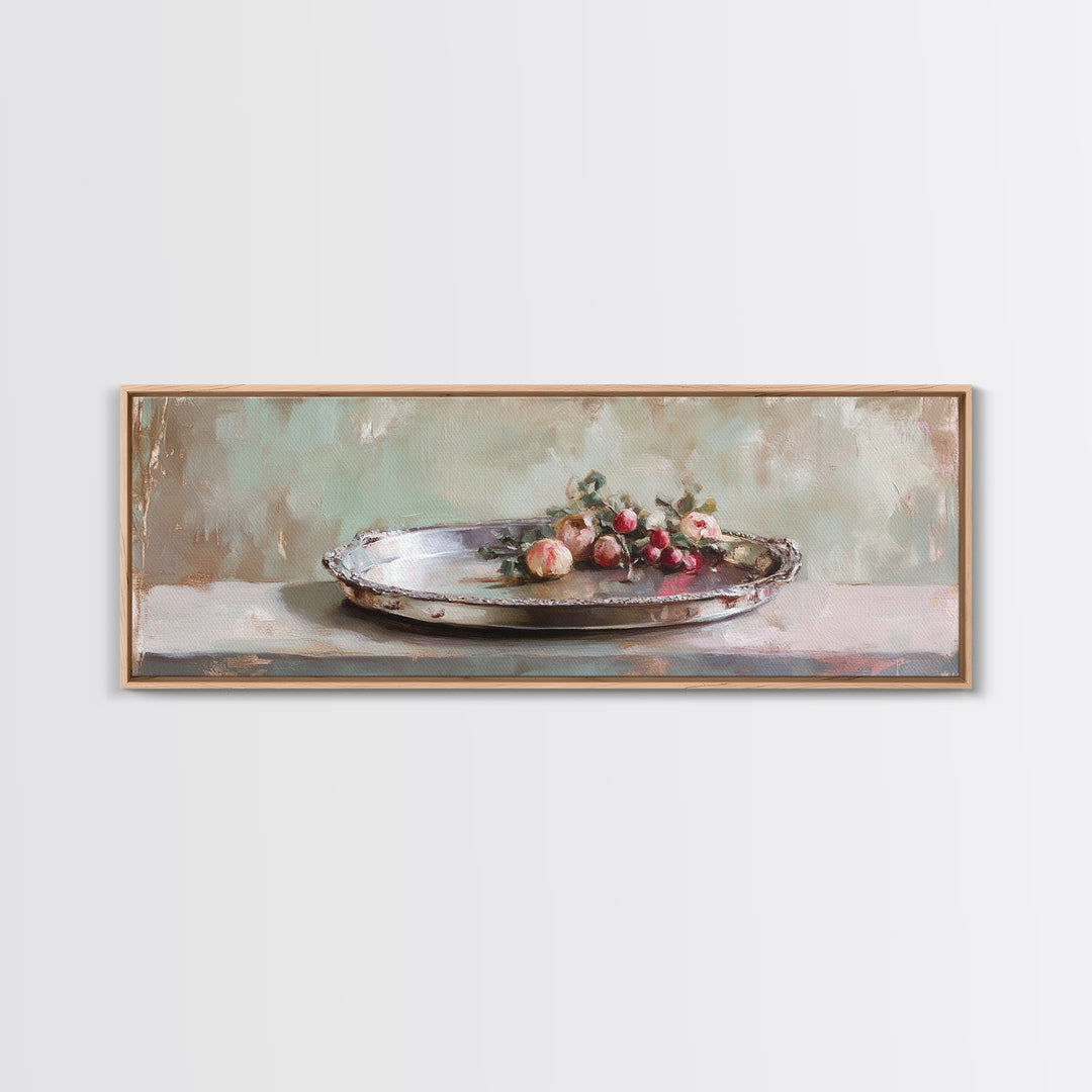 Antique Silver Tray With Red Berries Wall Art, Rustic Still Life Framed Canvas Print, Farmhouse Dining Room Decor, Kitchen Wall Decor