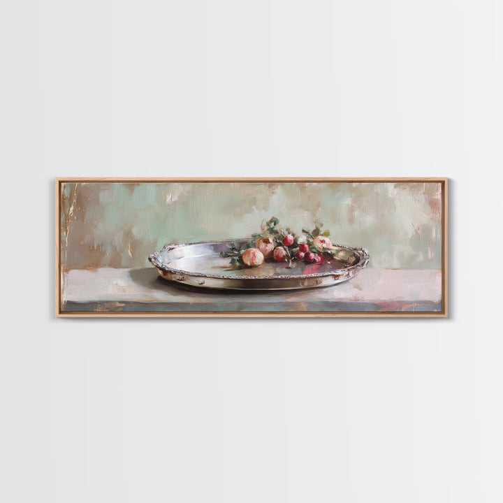 Antique Silver Tray With Red Berries Wall Art, Rustic Still Life Framed Canvas Print, Farmhouse Dining Room Decor, Kitchen Wall Decor