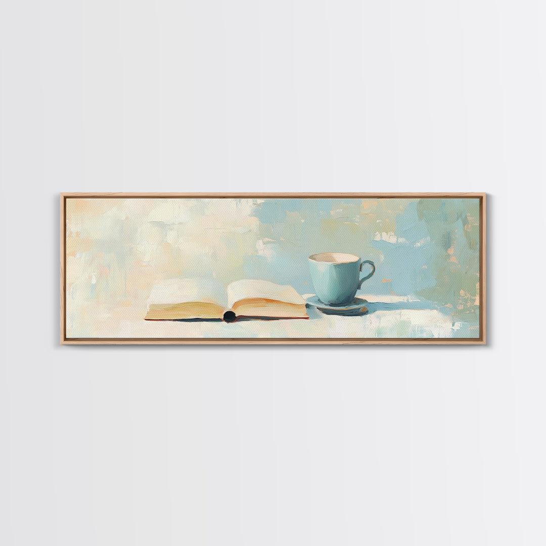 Open Book And Blue Teacup Wall Art, Cozy Reading Nook Print, Book Lover Gift, Minimalist Home Decor, Living Room Decor, Wall Decor