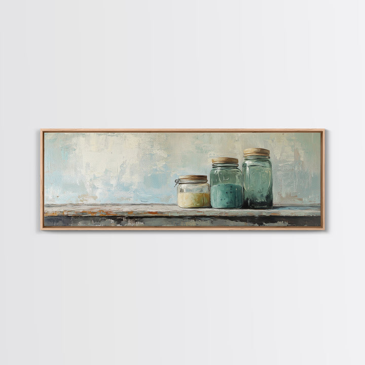 Minimalist Blue Glass Jars Canvas Print, Rustic Kitchen Wall Decor, Neutral Home Decor, Farmhouse Art, Modern Still Life Print