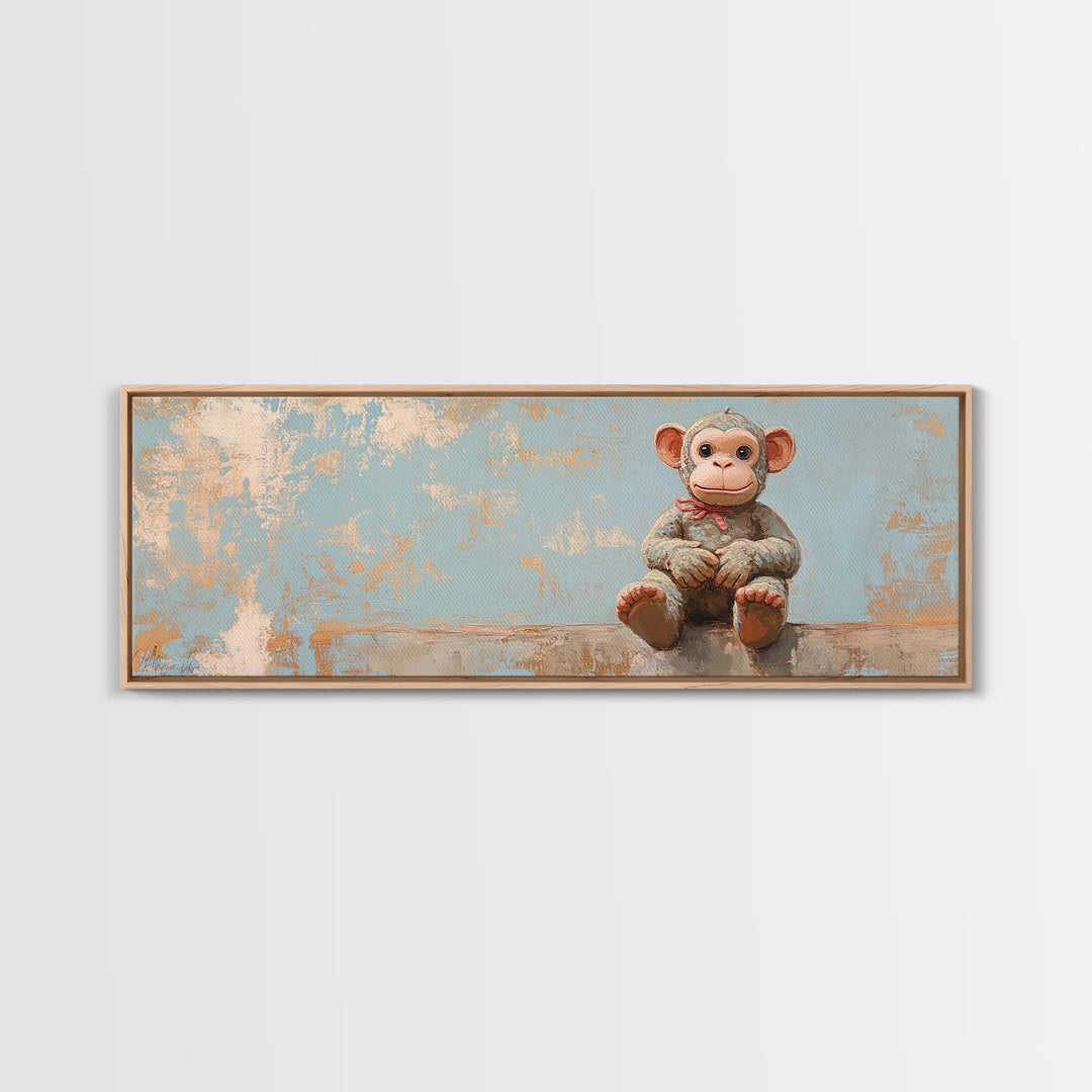 Plush Monkey Toy On Blue Nursery Wall Art, Whimsical Animal Art, Kids Room Decor, Baby Shower Gift, Cute Animal Canvas Print