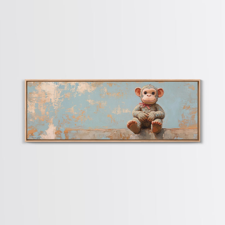 Plush Monkey Toy On Blue Nursery Wall Art, Whimsical Animal Art, Kids Room Decor, Baby Shower Gift, Cute Animal Canvas Print