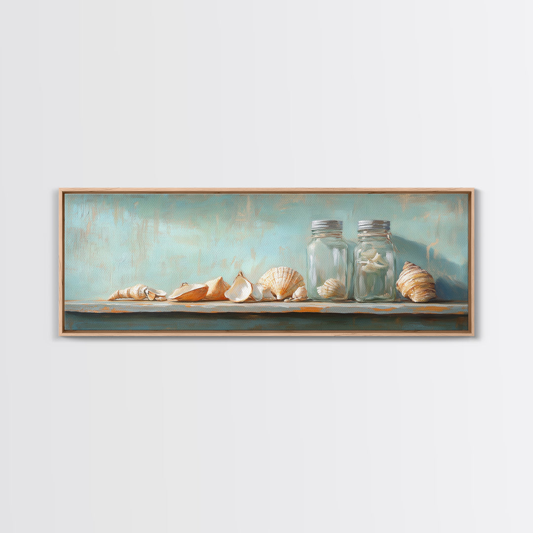 Seashells And Glass Jars Wall Art, Coastal Bathroom Decor, Beach House Canvas Print, Nautical Ocean Home Shelf Decor Gift
