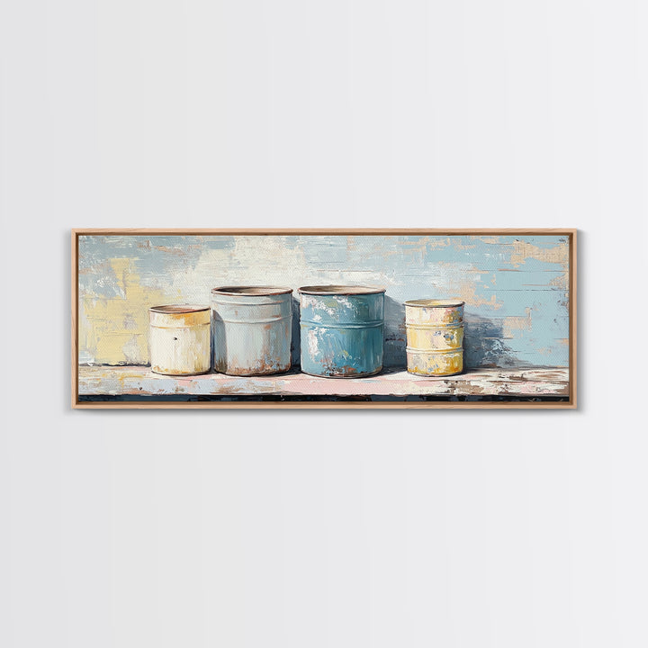 Weathered Paint Cans Still Life Wall Art, Rustic Studio Decor, Industrial Canvas Print, Blue Neutral Workshop Wall Decor Gift