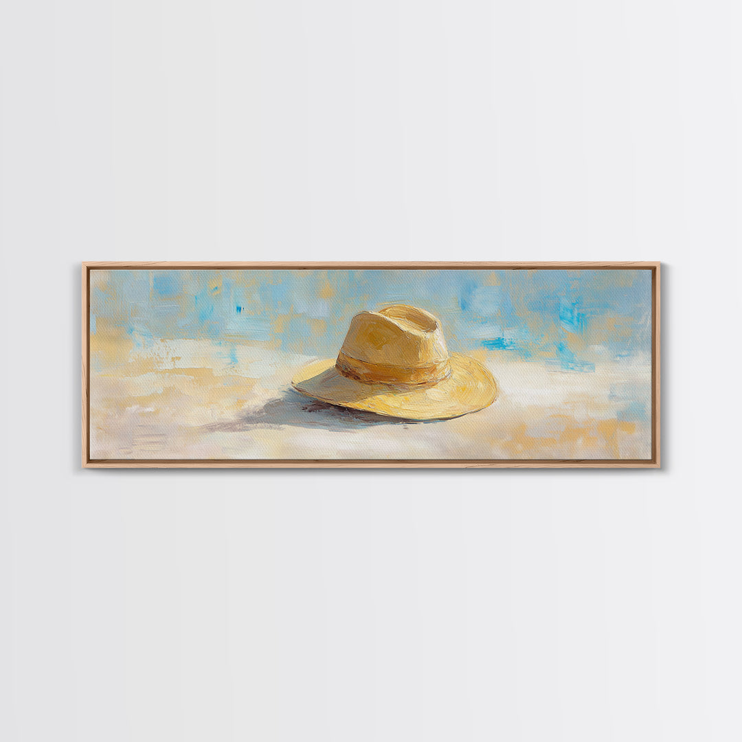 Straw Sun Hat Canvas Print, Coastal Beach Wall Art, Summer Home Decor, Minimalist Seascape, Vacation Housewarming Gift Idea