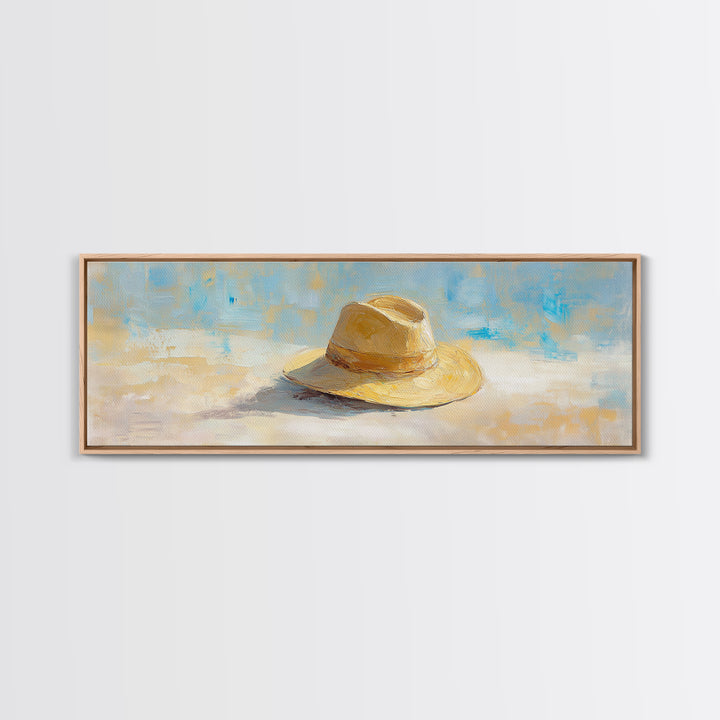 Straw Sun Hat Canvas Print, Coastal Beach Wall Art, Summer Home Decor, Minimalist Seascape, Vacation Housewarming Gift Idea