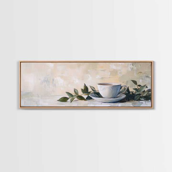 White Teacup With Green Leaves Canvas Print, Neutral Kitchen Wall Art, Rustic Home Decor, Cozy Cafe Art, Housewarming Gift