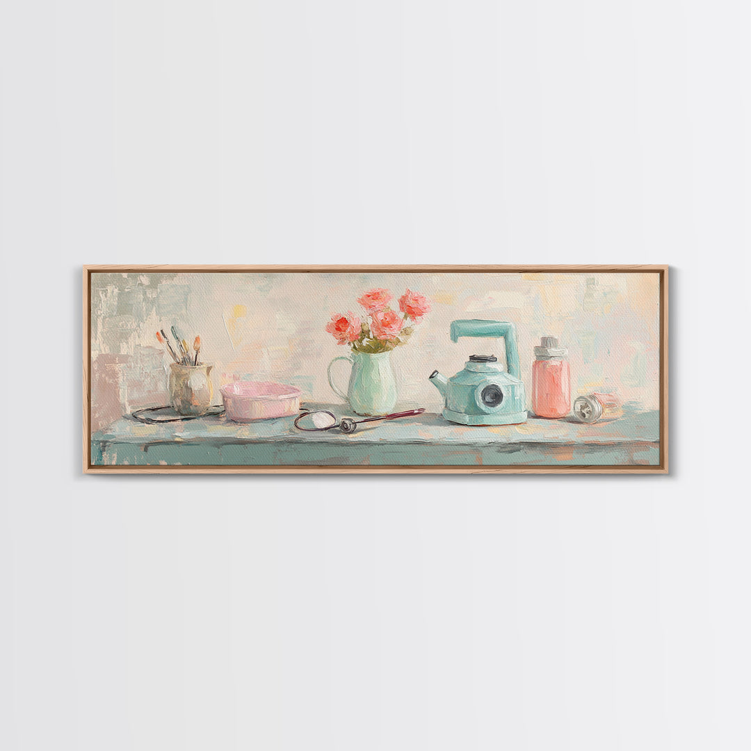 Pastel Vanity Shelf With Flowers Framed Canvas Print, Feminine Bathroom Wall Art, Beauty Room Decor, Gift For Her, Girly Decor