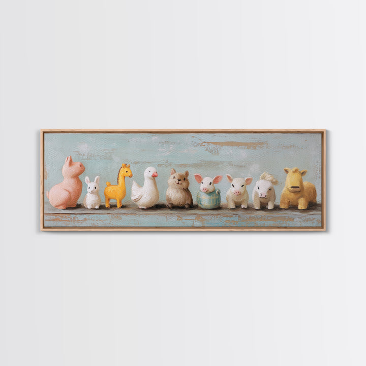 Cute Toy Animal Lineup Canvas Print, Whimsical Nursery Wall Art, Kids Room Decor, Playroom Art, Baby Animal Gift For Her