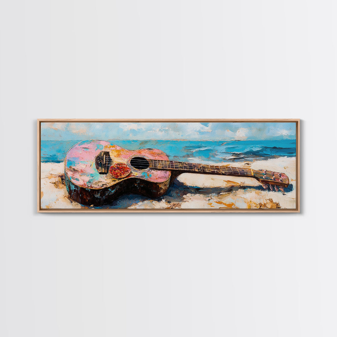 Weathered Acoustic Guitar On Beach Canvas Print, Coastal Wall Art, Music Room Decor, Ocean Art Print, Gift For Guitar Lover