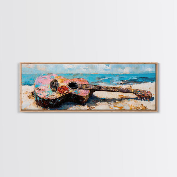 Weathered Acoustic Guitar On Beach Canvas Print, Coastal Wall Art, Music Room Decor, Ocean Art Print, Gift For Guitar Lover