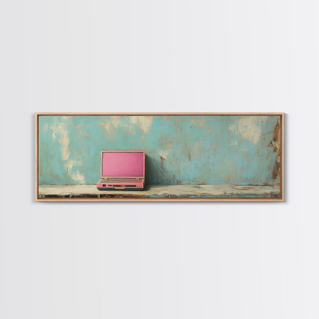 Pink Retro Laptop On Teal Shelf Wall Art, Minimalist Office Decor, Tech Art Print, Dorm Room Decor, Modern Wall Decor Gift