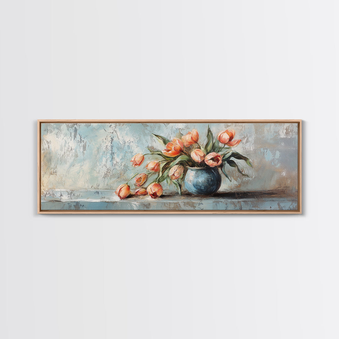 Orange Tulips In Blue Vase Framed Canvas Print, Rustic Floral Wall Art, Farmhouse Decor, Still Life Painting Gift For Her
