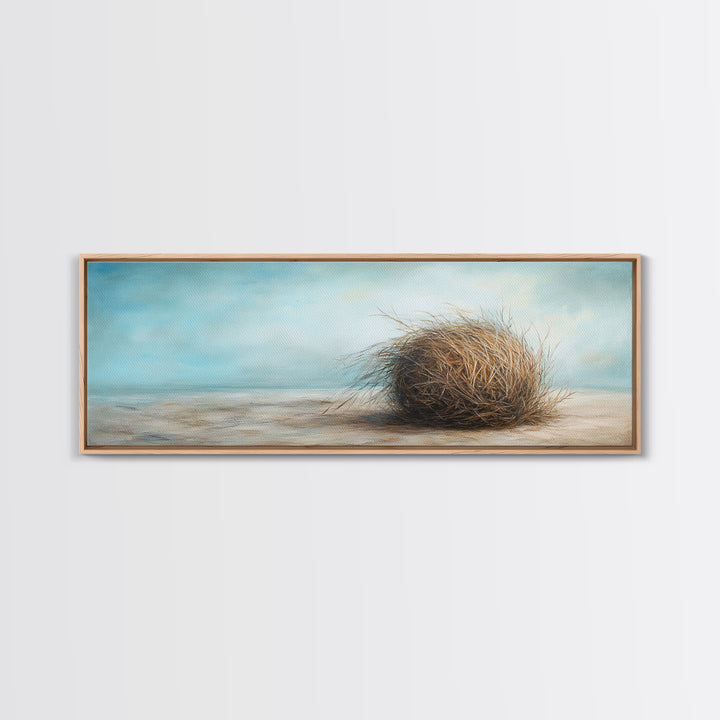Coastal Tumbleweed On Sandy Shore Canvas Print, Neutral Beach Wall Art, Seascape Decor, Calm Ocean Landscape Painting Gift