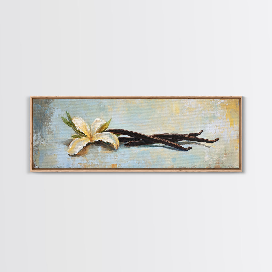 Vanilla Blossom And Bean Pods Framed Canvas Print, Kitchen Wall Art, Botanical Decor, Minimalist Food Art Print Gift For Her