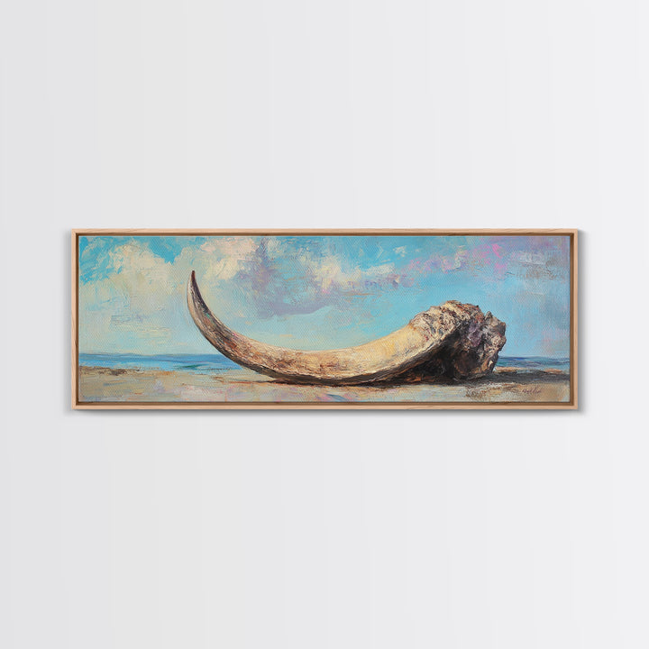 Weathered Ivory Tusk On Shore Canvas Print, Coastal Wall Art, Rustic Beach House Decor, Nautical Long Horizontal Living Room Art