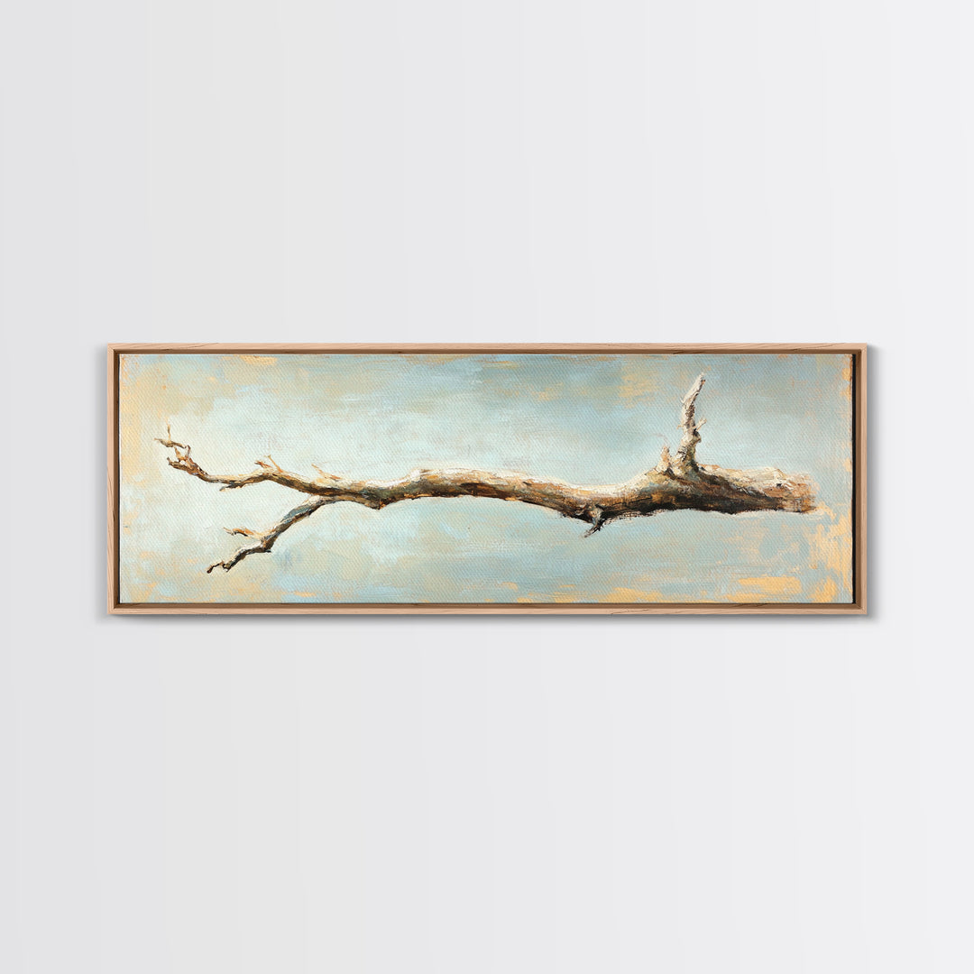 Bleached Driftwood Branch Framed Canvas Print, Rustic Coastal Wall Art, Minimalist Beach House Decor, Long Horizontal Art
