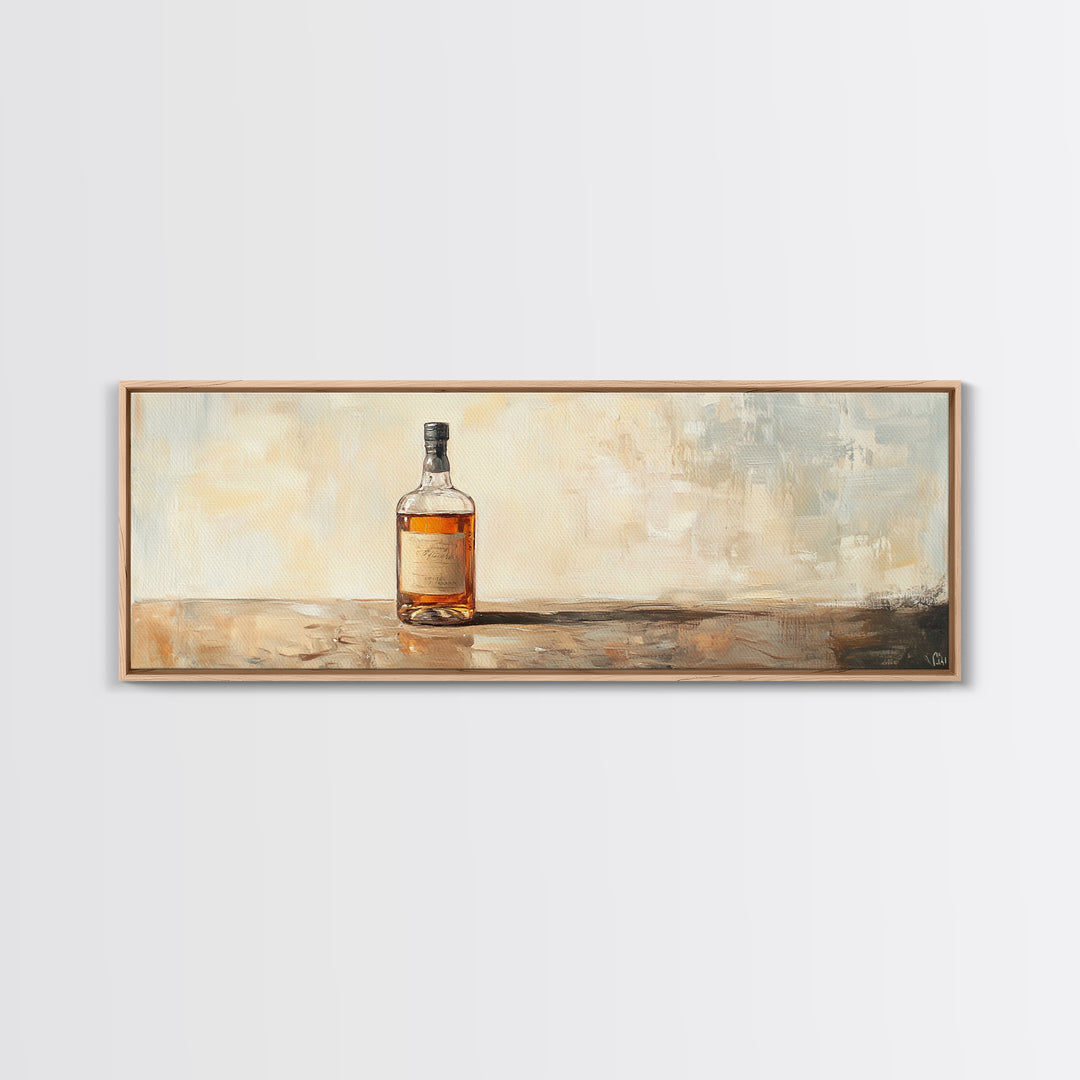 Amber Whiskey Bottle Still Life Framed Canvas Print, Bar Wall Art, Rustic Home Bar Decor, Masculine Man Cave Whiskey Lover Gift