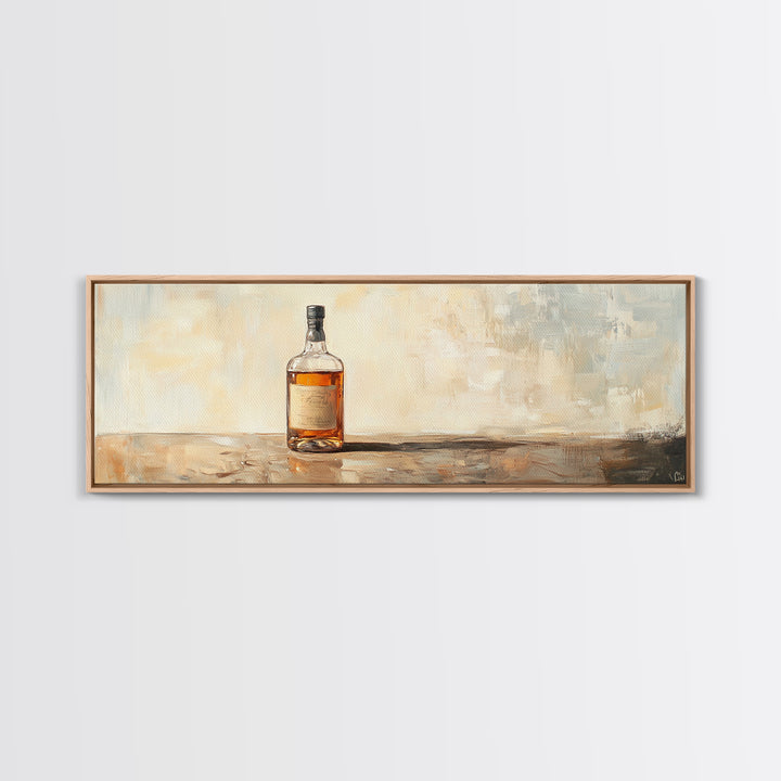 Amber Whiskey Bottle Still Life Framed Canvas Print, Bar Wall Art, Rustic Home Bar Decor, Masculine Man Cave Whiskey Lover Gift