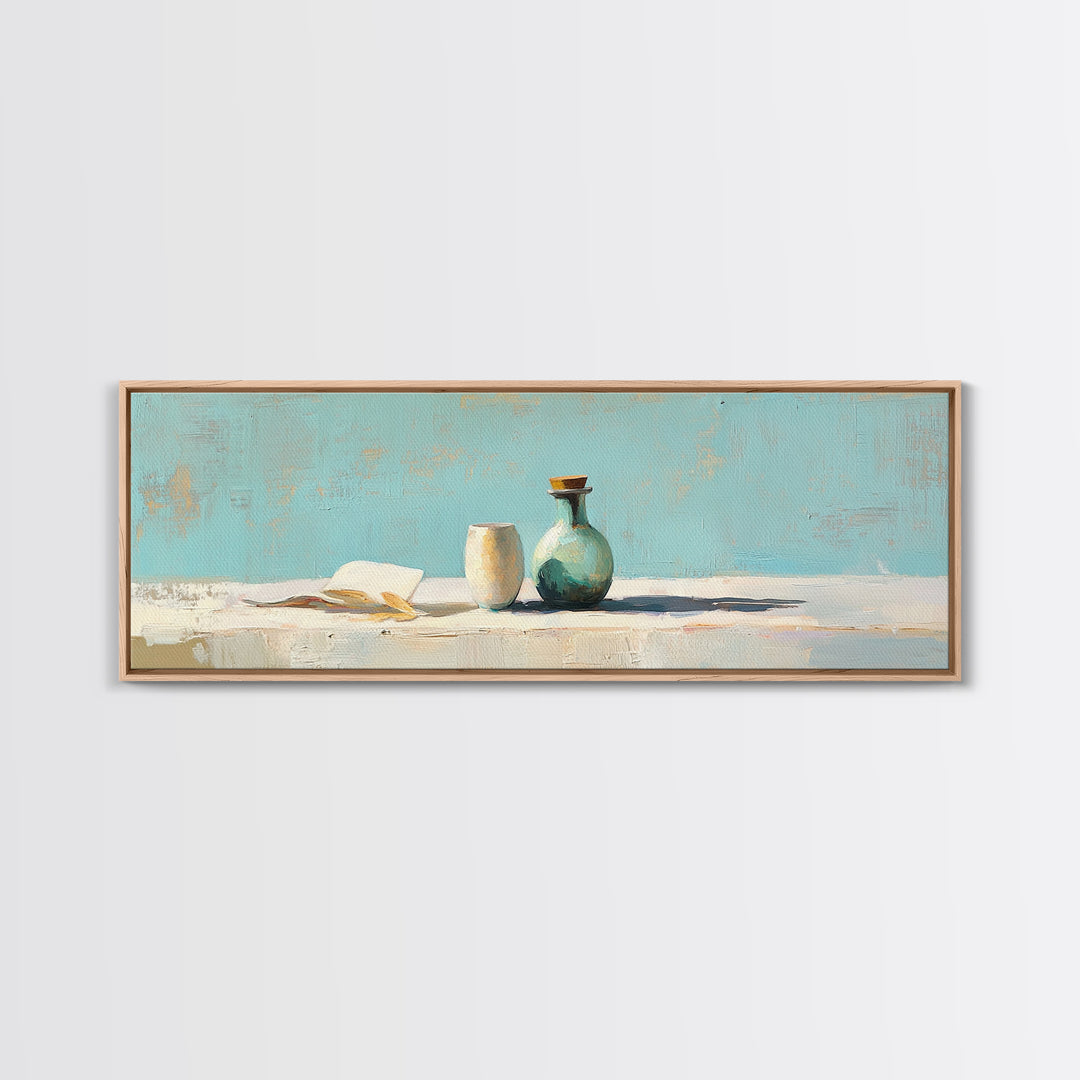 Turquoise Vase And Open Book Canvas Print, Minimalist Wall Art, Coastal Still Life Decor, Modern Japandi Living Room Art