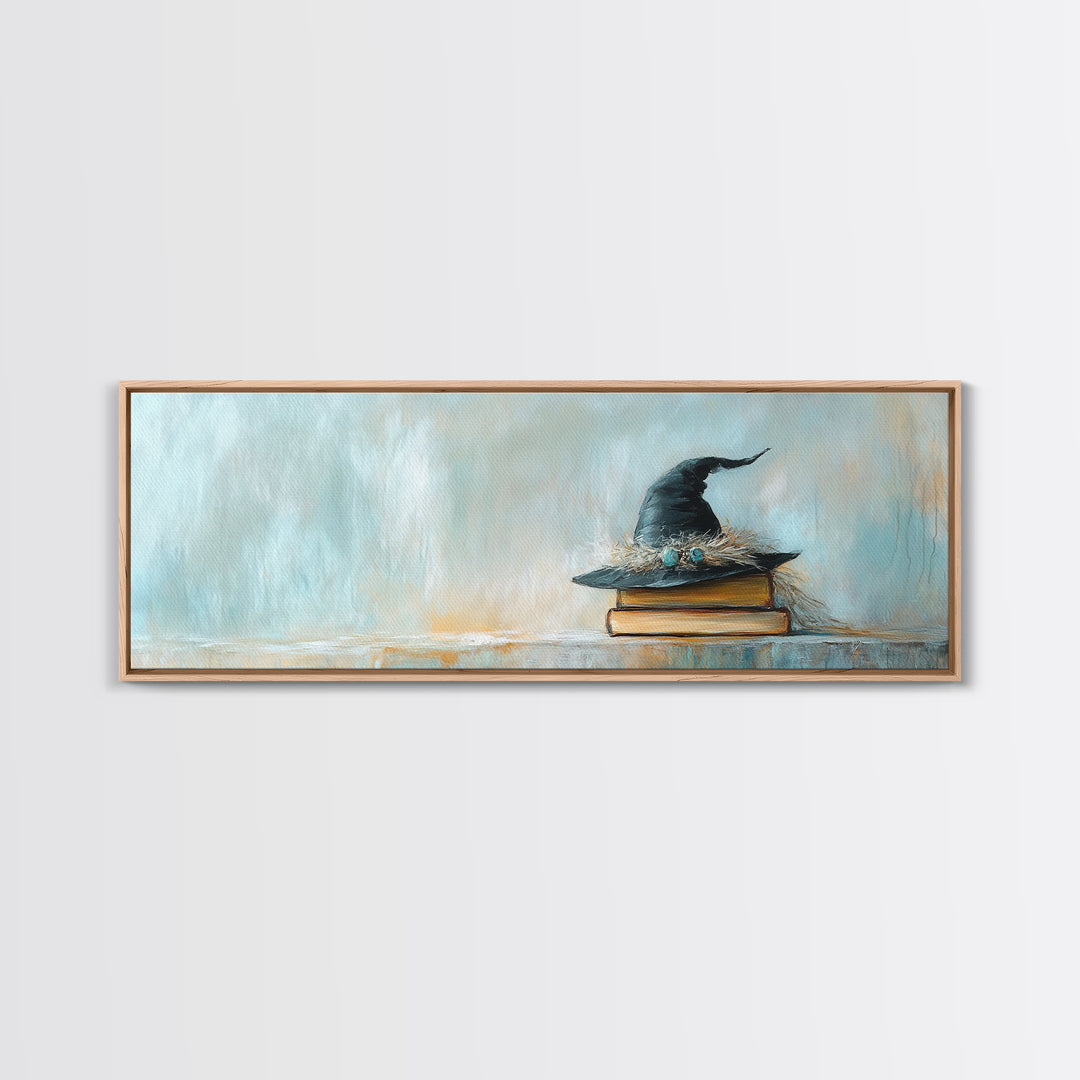 Witch Hat On Stacked Books Framed Canvas Print, Magical Library Wall Art, Dark Academia Decor, Book Lover Gift, Fantasy Art