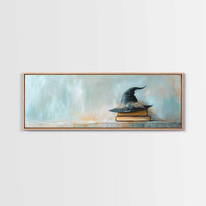 Witch Hat On Stacked Books Framed Canvas Print, Magical Library Wall Art, Dark Academia Decor, Book Lover Gift, Fantasy Art