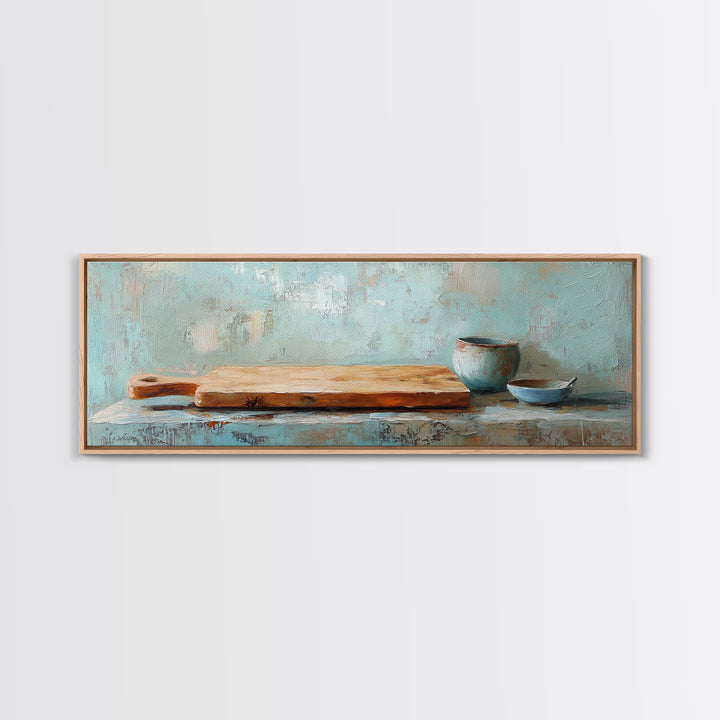 Wooden Cutting Board And Blue Pottery Wall Art, Rustic Kitchen Decor, Farmhouse Art Print, Still Life Painting, Home Decor