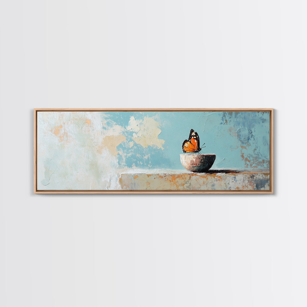 Orange Butterfly In Small Bowl Canvas Print, Blue Abstract Wall Art, Whimsical Animal Art, Modern Kitchen Decor Gift For Her