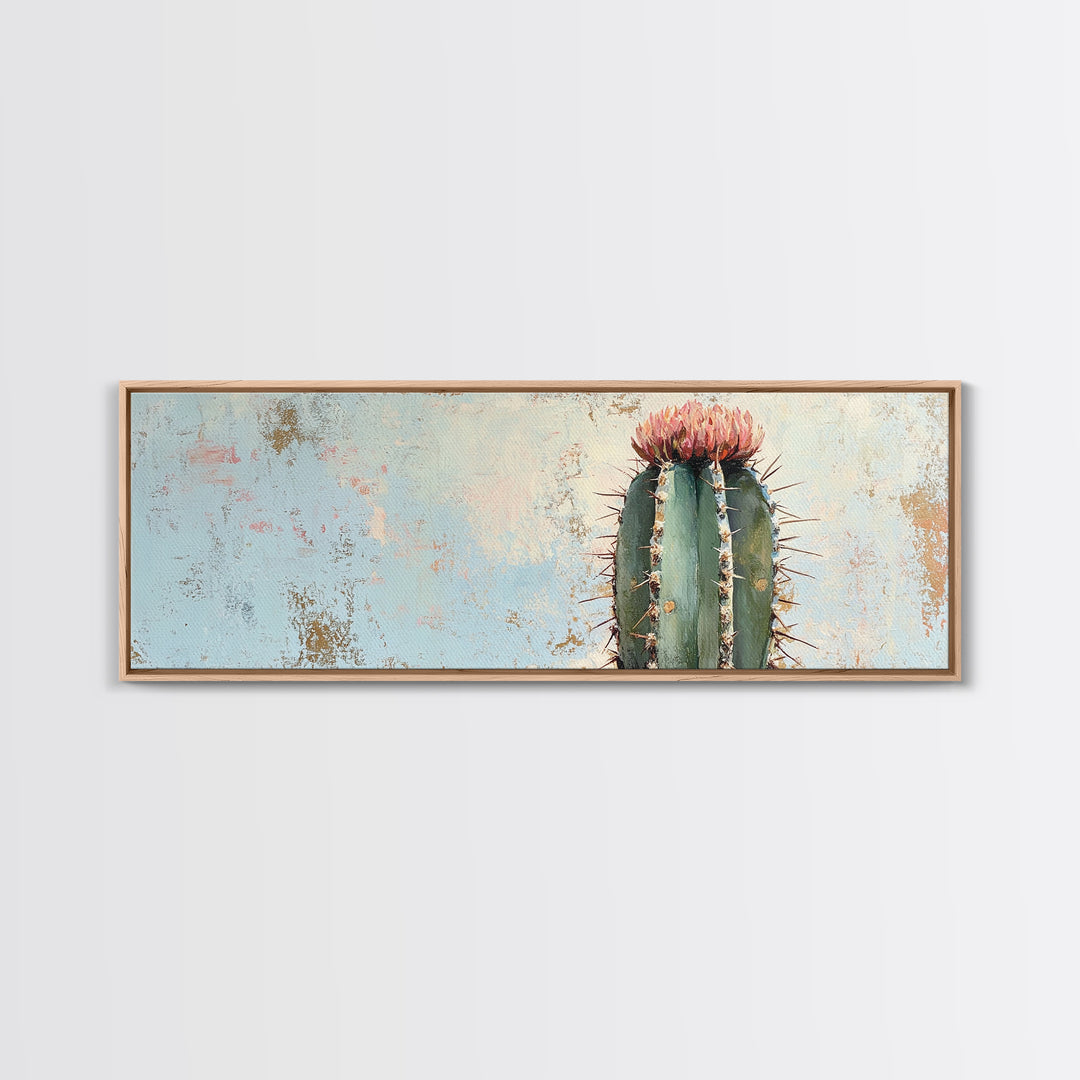 Tall Flowering Cactus Canvas Print, Minimalist Desert Wall Art, Southwestern Botanical Home Decor, Pink Cactus Gift For Her
