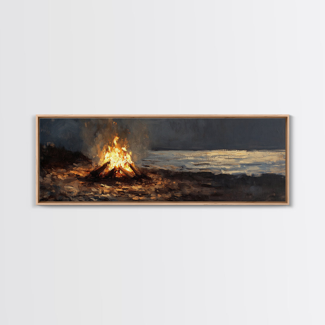 Moody Campfire By Dark Shore Wall Art, Rustic Cabin Canvas Print, Night Landscape Living Room Decor, Cozy Masculine Gift For Him