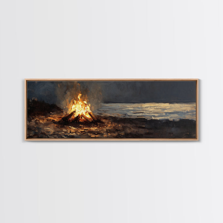 Moody Campfire By Dark Shore Wall Art, Rustic Cabin Canvas Print, Night Landscape Living Room Decor, Cozy Masculine Gift For Him