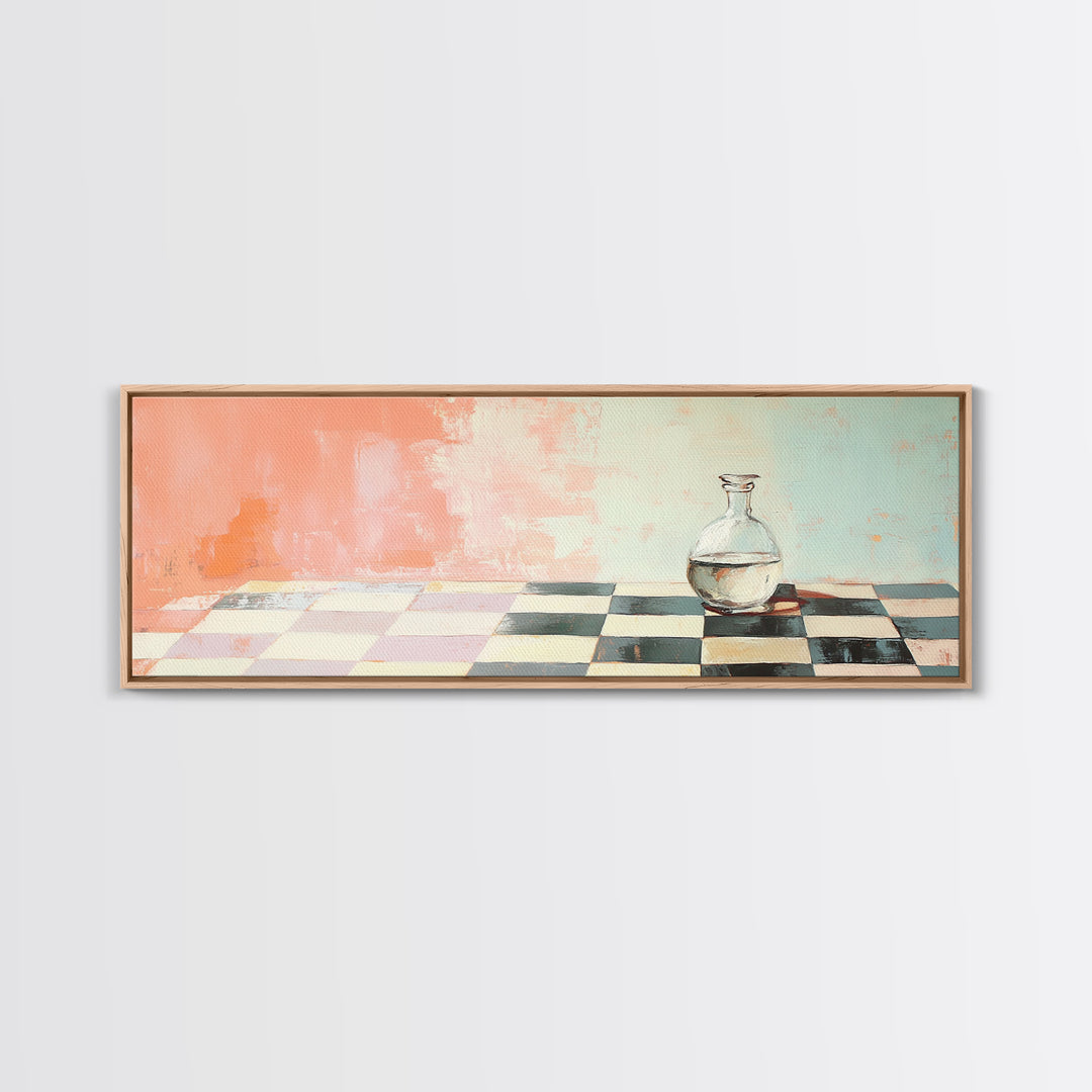 Minimal Glass Bottle On Checkered Table Canvas Print, Pastel Kitchen Wall Art, Modern Minimalist Dining Room Home Decor Print