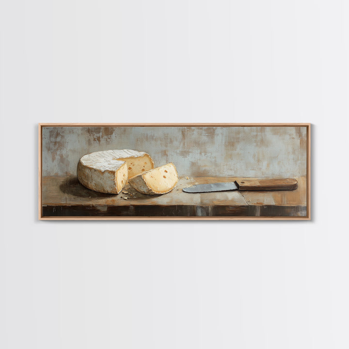 Brie Cheese And Knife Still Life Framed Canvas Print, Rustic Kitchen Wall Art, Farmhouse Dining Room Decor Foodie Gift For Chef