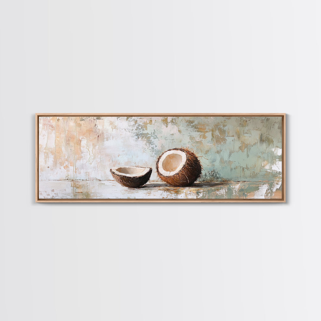 Cracked Coconut Still Life Canvas Print, Tropical Kitchen Wall Art, Coastal Decor, Beach House Decor, Food Illustration Print