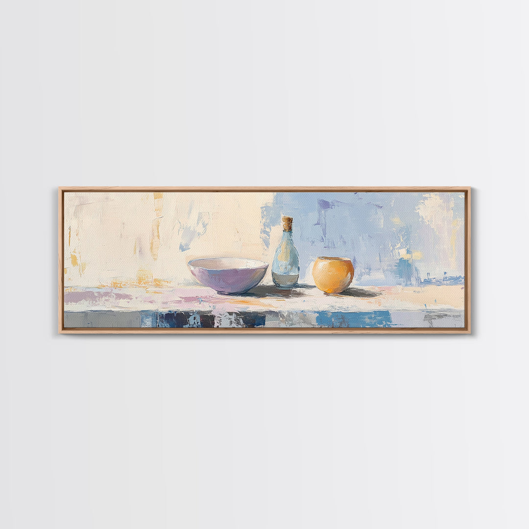 Pastel Bowl Bottle And Orange Canvas Print, Minimalist Kitchen Wall Art, Still Life Painting, Dining Room Decor Gift For Her