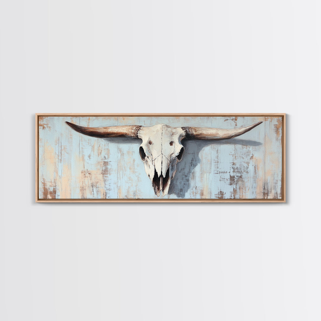 Longhorn Skull On Rustic Blue Wall Art, Western Cowboy Decor, Southwestern Farmhouse, Large Horizontal Ranch Housewarming Gift