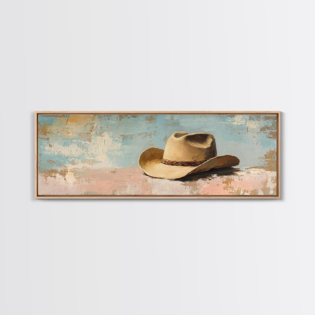 Tan Cowboy Hat On Pastel Blue Canvas Print, Western Wall Art, Rustic Ranch Decor, Southwestern Farmhouse, Neutral Bedroom Decor