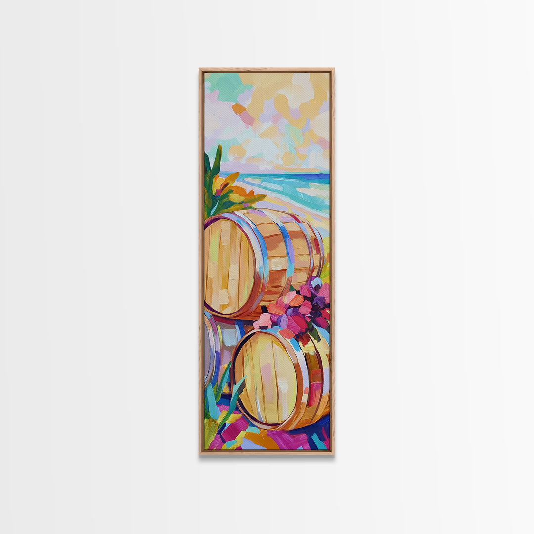 Sunlit Wine Barrels By Turquoise Beach Canvas Print, Coastal Wall Art, Winery Decor, Beach House Decor, Kitchen Art, Dining Room Print