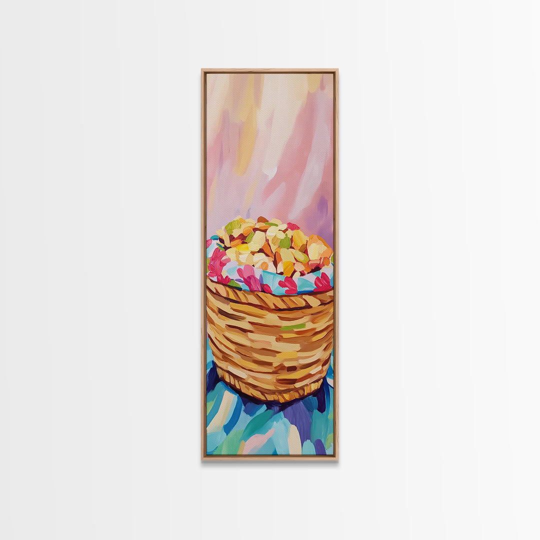 Woven Basket Of Colorful Sweets Canvas Print, Pastel Kitchen Wall Art, Bakery Decor, Cute Food Art Print, Housewarming Gift