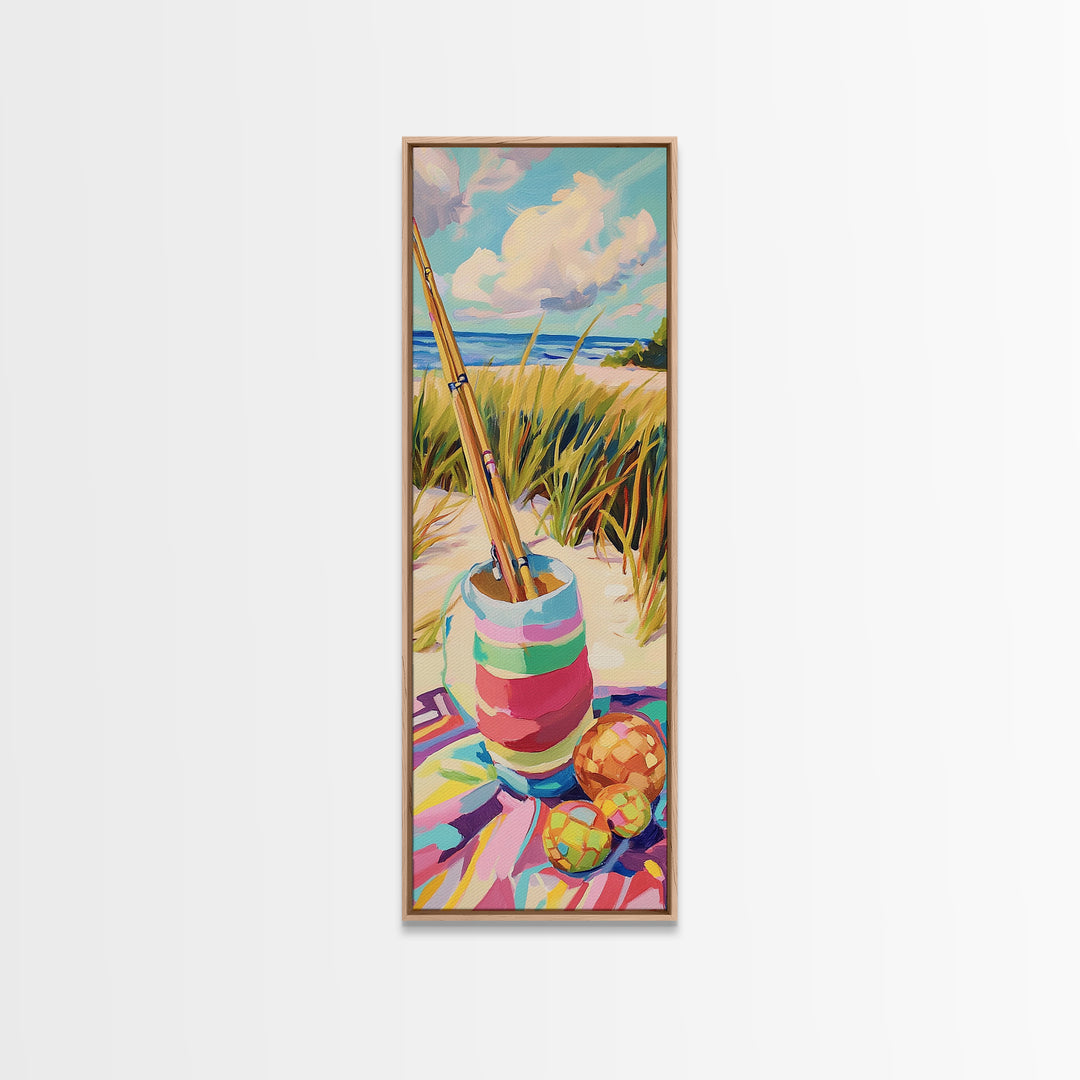 Striped Beach Bucket And Fishing Rods Canvas Print, Coastal Wall Art, Nautical Home Decor, Beach House Gift, Summer Decor