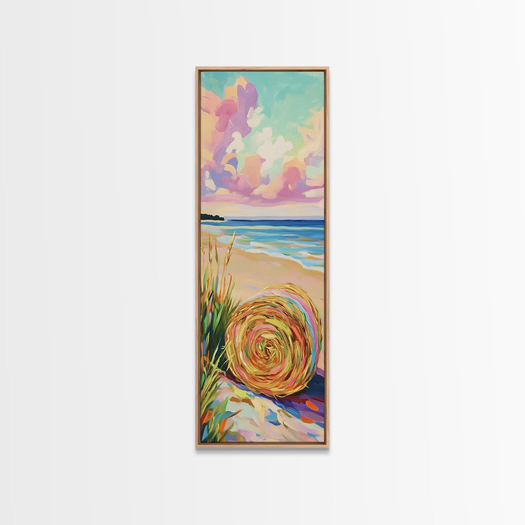 Pastel Beach Hat By The Ocean Canvas Print, Coastal Wall Art, Summer Beach House Decor, Serene Seascape Art Print, Wall Decor