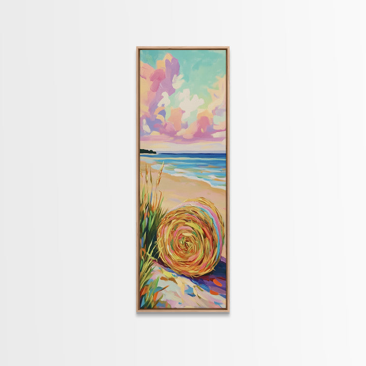 Pastel Beach Hat By The Ocean Canvas Print, Coastal Wall Art, Summer Beach House Decor, Serene Seascape Art Print, Wall Decor