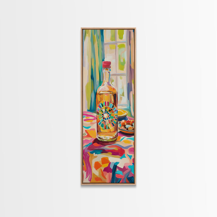 Colorful Tequila Bottle And Citrus Canvas Print, Mediterranean Kitchen Wall Art, Bar Cart Decor, Bright Dining Room Gift