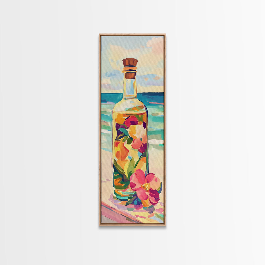 Floral Glass Bottle By Turquoise Sea Wall Art, Coastal Kitchen Decor, Beach House Art Print, Tropical Flowers Canvas Print