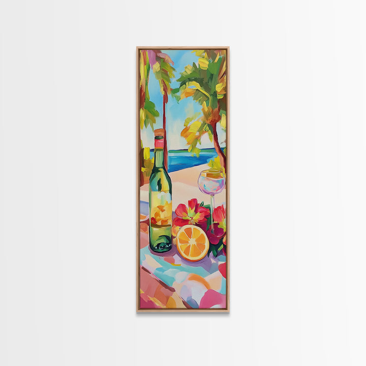 Tropical Wine Bottle And Citrus Still Life Wall Art, Beach House Decor, Coastal Kitchen Art, Summer Bar Cart Canvas Print