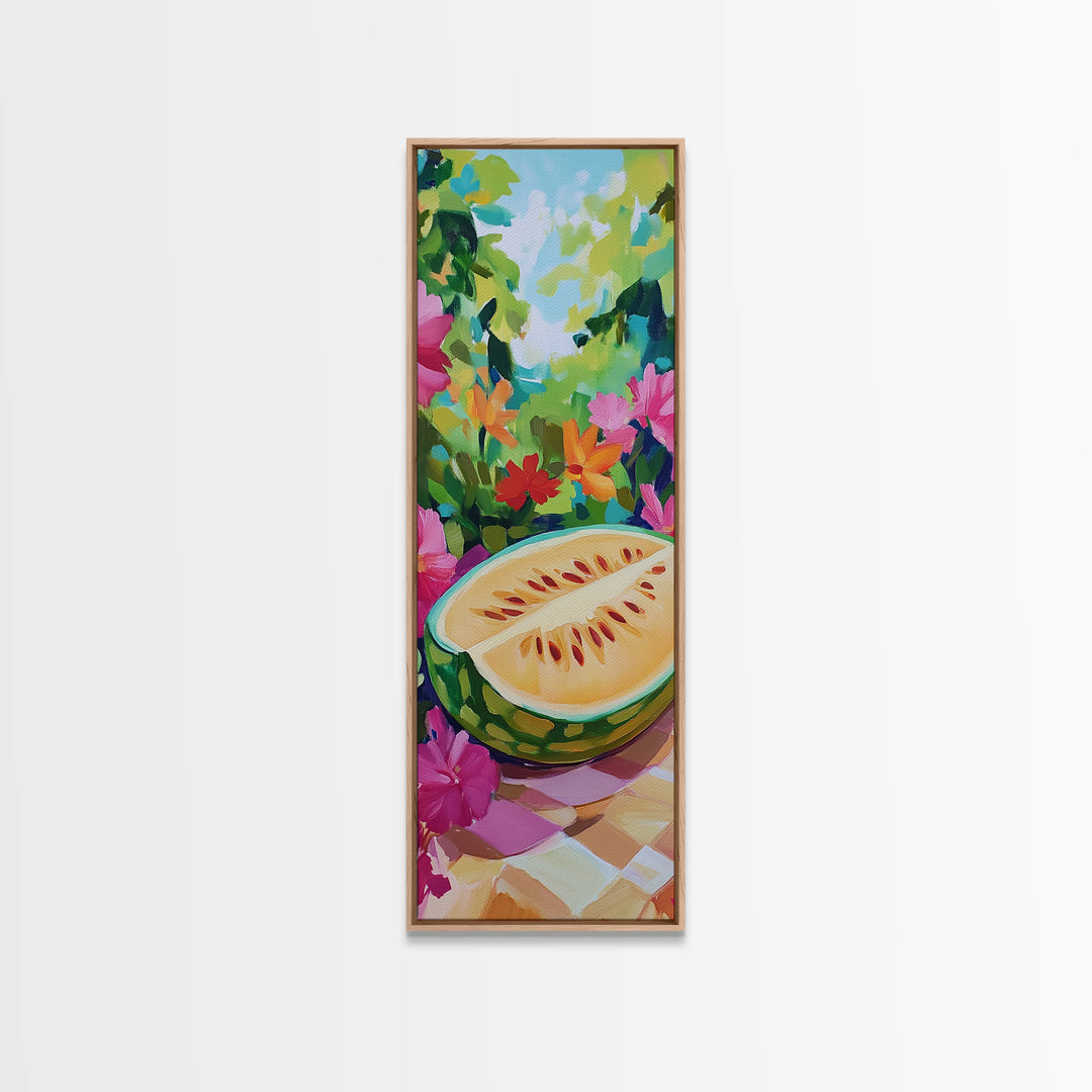 Sunlit Melon Slice In Garden Wall Art, Colorful Fruit Canvas Print, Tropical Kitchen Decor, Whimsical Summer Art Print Gift
