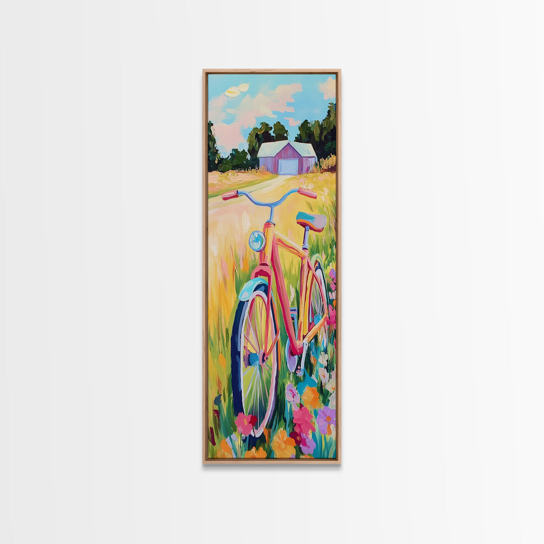 Pink Bicycle In Wildflower Meadow Wall Art, Rustic Country Canvas Print, Farmhouse Decor, Summer Landscape Art Gift For Her